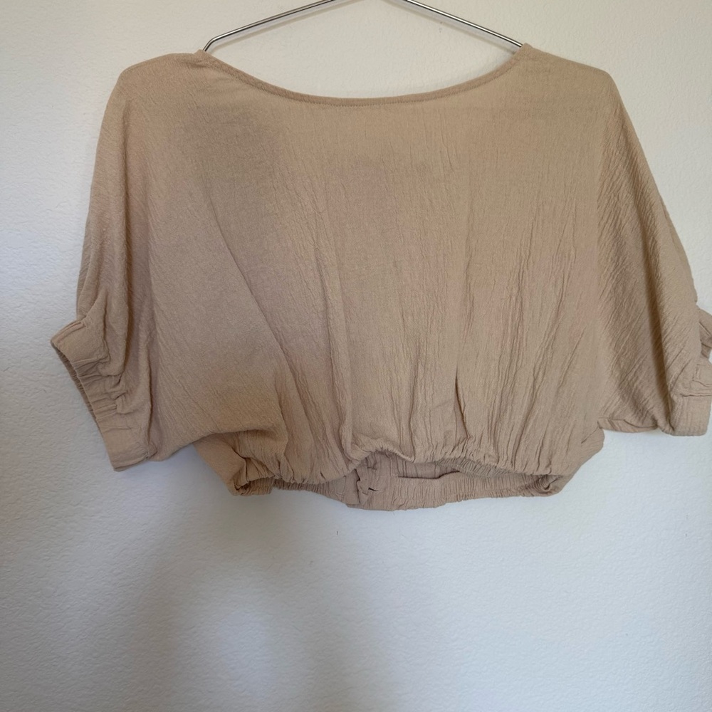 Miou Muse Tan Linen Cropped Top with Back Button Details Size Small
